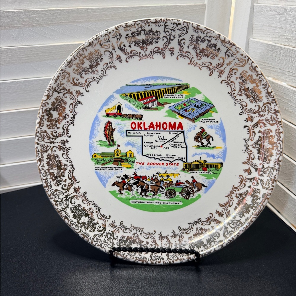 Vintage State of Oklahoma Souvenir Decorative Plate with Scenic Landmarks